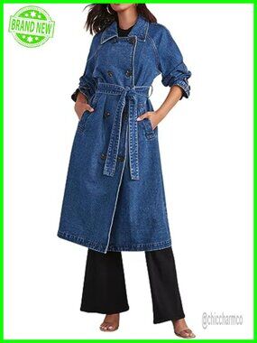 Double Breasted Long Denim Trench Coat Belted Jean Jacket Duster
